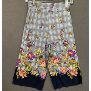 Knit Works Pants Womens 10 Blue Plaid Floral Embroidered Cropped Wide Leg Boho